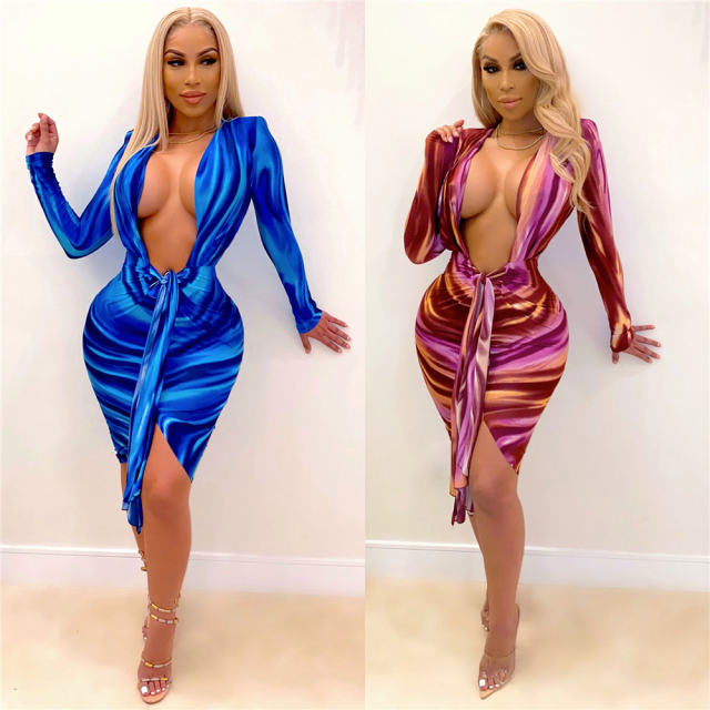 Red Sexy Deep V-neck Clubwear For Women Print Bodycon Dresses PQ1297A