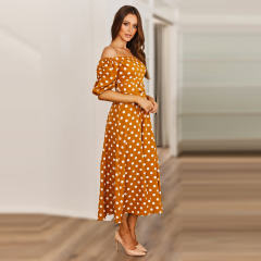 Black Sexy Off-shoulder Midi Dresses Polka Dot Print A-line Dress PQ2111A