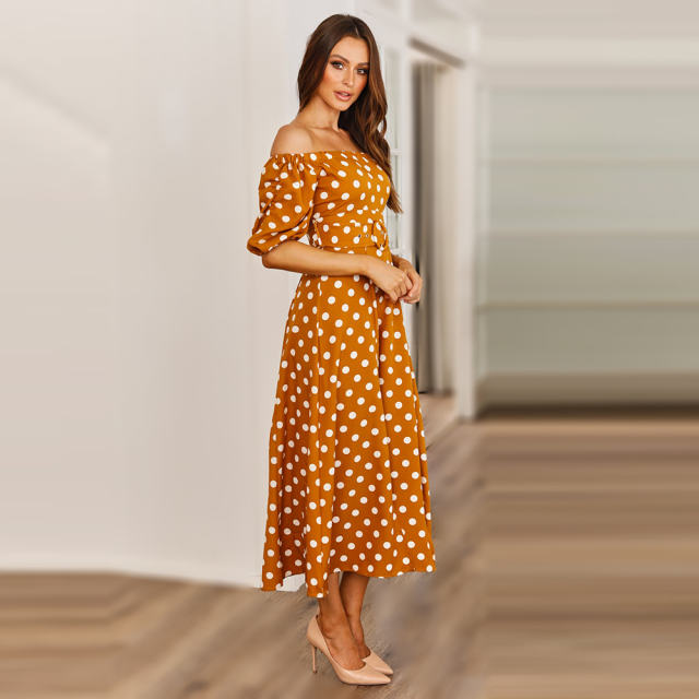 Black Sexy Off-shoulder Midi Dresses Polka Dot Print A-line Dress PQ2111A