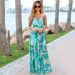 Black Sexy V-neck Boho Dress Floral Print Summer Maxi Dress PQLQ053A