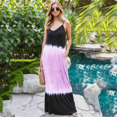 Red Gradient Color Boho Dresses Women Sleeveless Sling Maxi Dress PQLQ059D