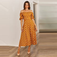 Black Sexy Off-shoulder Midi Dresses Polka Dot Print A-line Dress PQ2111A