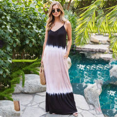 Red Gradient Color Boho Dresses Women Sleeveless Sling Maxi Dress PQLQ059D