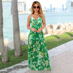 Black Sexy V-neck Boho Dress Floral Print Summer Maxi Dress PQLQ053A