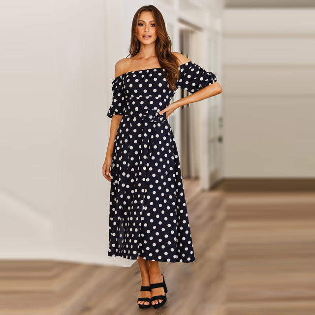 Brown Sexy Off-shoulder Midi Dresses Polka Dot Print A-line Casual Dress PQ2111B