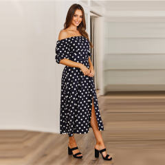 Black Sexy Off-shoulder Midi Dresses Polka Dot Print A-line Dress PQ2111A