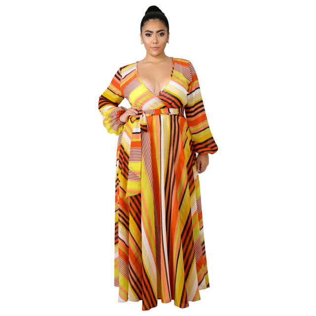 Deep V-neck Flower Chiffon Boho Dresses Spring Fashion Beach Dress PQ5507