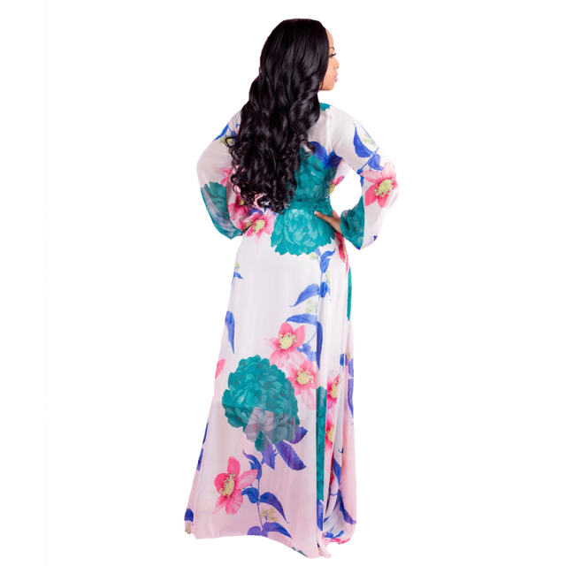 Floral Print Fashion Summer Beach Dress Chiffon Big Swing Maxi Dress PQ2210