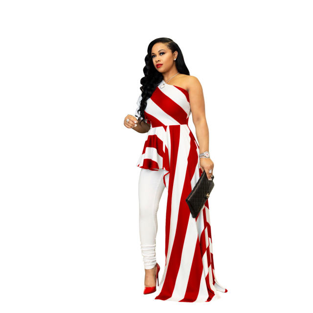 Fashion Oblique Shoulder Mini Dresses Summer Striped Shirt Dress PQT014A