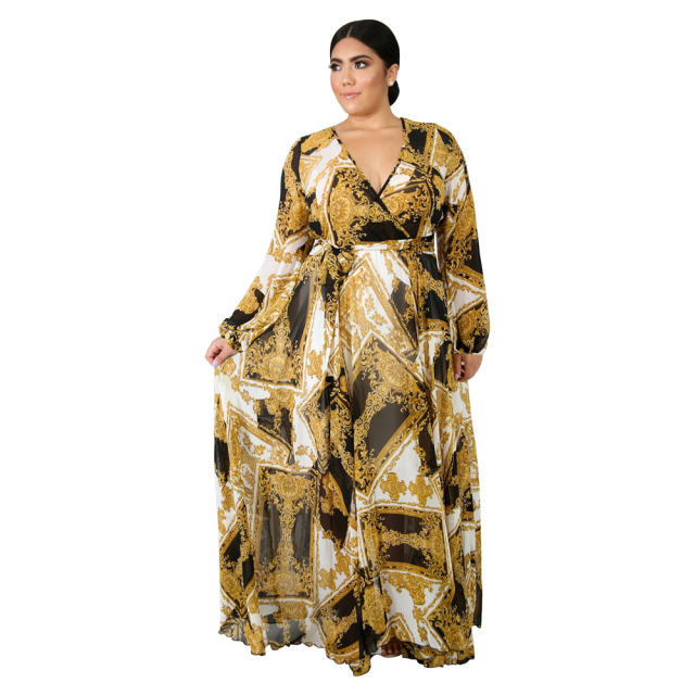Fashion V-neck Chiffon Boho Dresses Long Sleeve Flower Beach Dress PQ5500