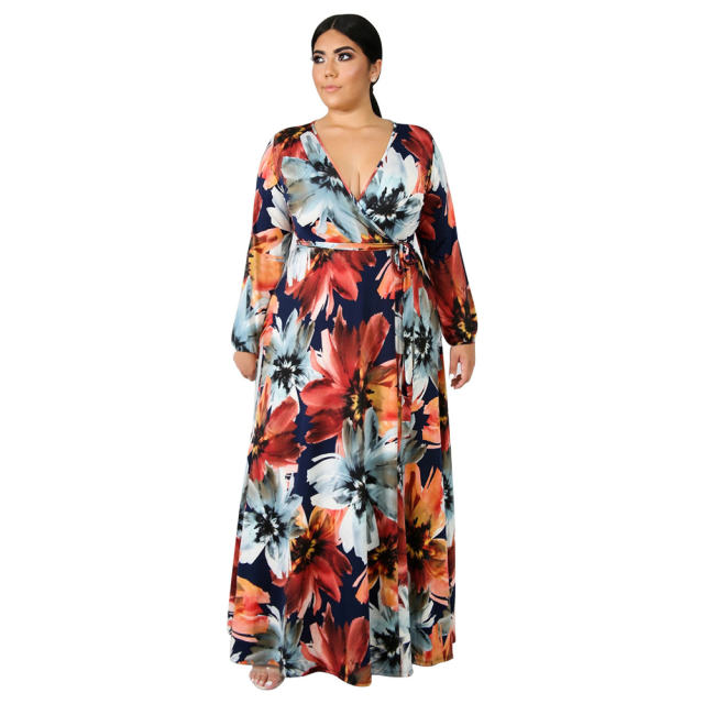Deep V-neck Chiffon Boho Dresses Spring Fashion Floral Beach Dress PQ5508