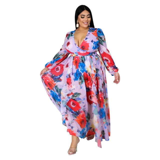 Deep V-neck Flower Chiffon Boho Dresses Spring Fashion Beach Dress PQ5507