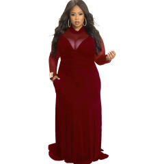 White High Neck Fashion Long Dresses Mesh Patchwork Plus Size Dress PQ3120A
