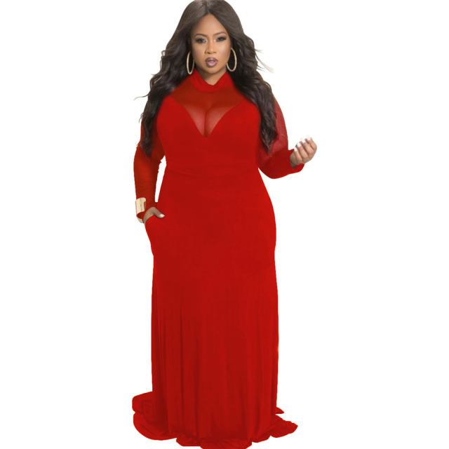 White High Neck Fashion Long Dresses Mesh Patchwork Plus Size Dress PQ3120A