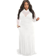 White High Neck Fashion Long Dresses Mesh Patchwork Plus Size Dress PQ3120A