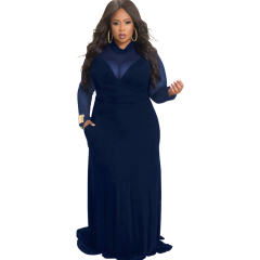 White High Neck Fashion Long Dresses Mesh Patchwork Plus Size Dress PQ3120A