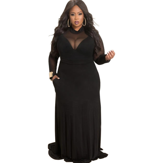 White High Neck Fashion Long Dresses Mesh Patchwork Plus Size Dress PQ3120A
