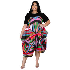 Pink Colorful Print Casual Dress Irregular Plus Size Summer Dresses PQDZ02C