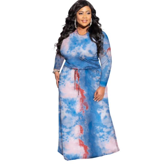 Black Fashion Long Sleeve Maxi Dresses Tie-dyed Plus Size Dress PQ1063A