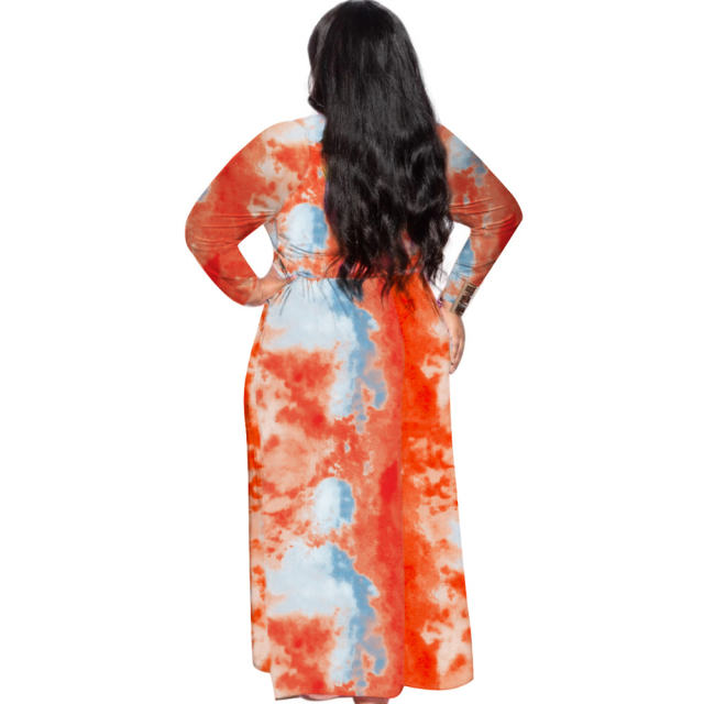 Black Fashion Long Sleeve Maxi Dresses Tie-dyed Plus Size Dress PQ1063A