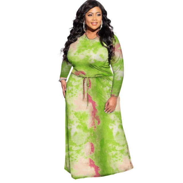 Black Fashion Long Sleeve Maxi Dresses Tie-dyed Plus Size Dress PQ1063A
