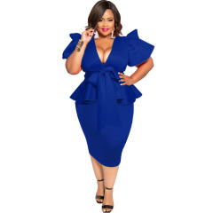 Dark Blue Plus size Summer Dress Fashion Bow Short Sleeve Midi Dress PQ1062F