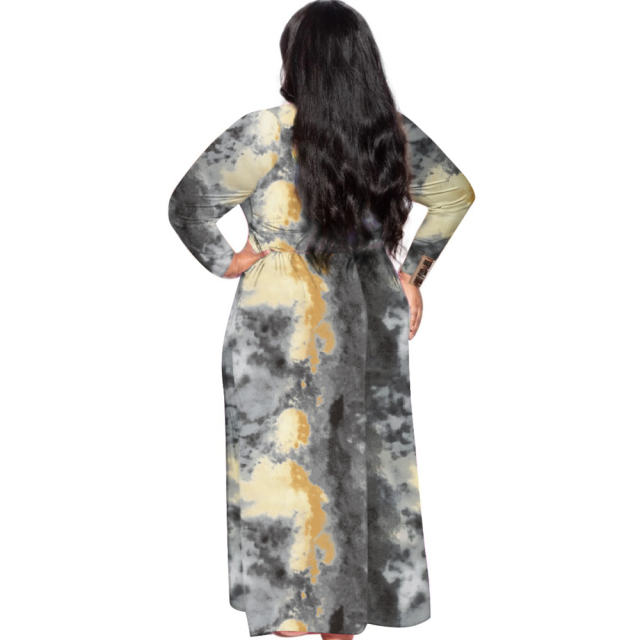 Black Fashion Long Sleeve Maxi Dresses Tie-dyed Plus Size Dress PQ1063A