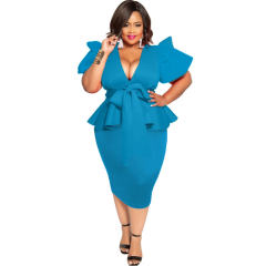 Black Plus size Summer Dress Fashion Bow Short Sleeve Midi Dress PQ1062B