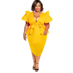Black Plus size Summer Dress Fashion Bow Short Sleeve Midi Dress PQ1062B
