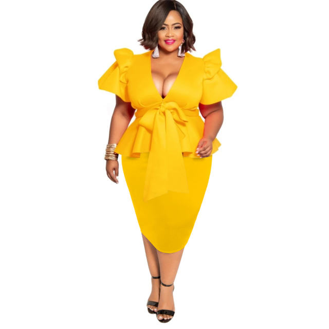 Dark Blue Plus size Summer Dress Fashion Bow Short Sleeve Midi Dress PQ1062F