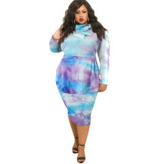 Blue/Purple Long Sleeve Plus Size Midi Dress Tie-dye Print Winter Dresses PQ1553G