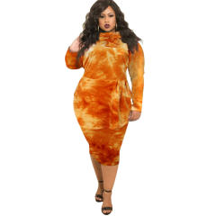 Blue/Purple Long Sleeve Plus Size Midi Dress Tie-dye Print Winter Dresses PQ1553G