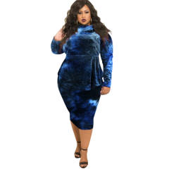 Blue/Purple Long Sleeve Plus Size Midi Dress Tie-dye Print Winter Dresses PQ1553G