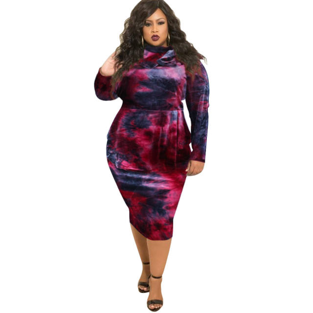 Blue/Purple Long Sleeve Plus Size Midi Dress Tie-dye Print Winter Dresses PQ1553G