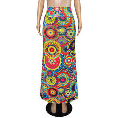 Women Long Skirt National High Waist Geometric Print Maxi Skirt PQ9456