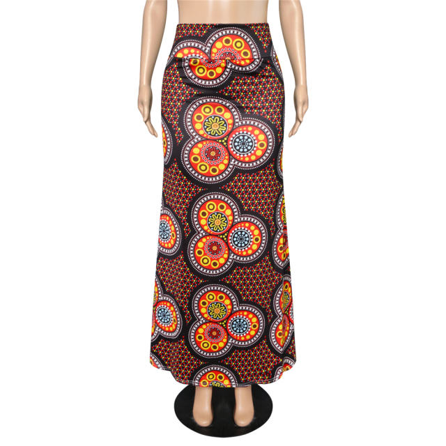 Women Geometric Long Skirt National High Waist Digital Print Skirt PQ9455