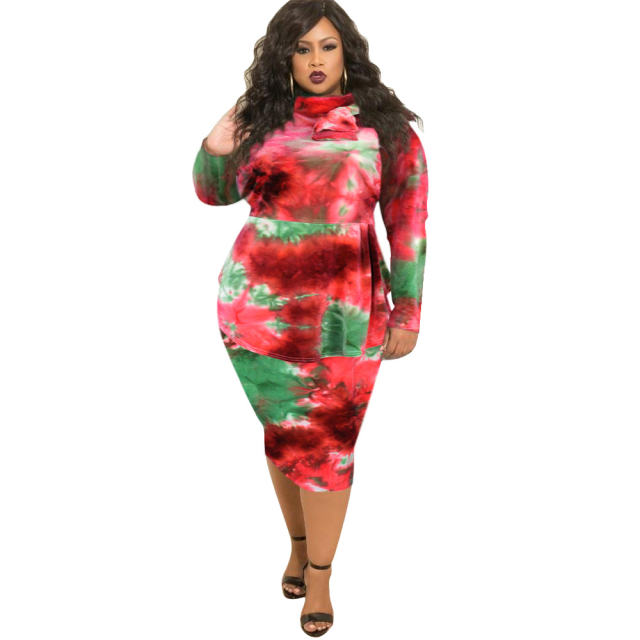 Blue/Purple Long Sleeve Plus Size Midi Dress Tie-dye Print Winter Dresses PQ1553G