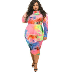 Blue/Purple Long Sleeve Plus Size Midi Dress Tie-dye Print Winter Dresses PQ1553G