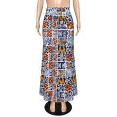 Women Long Skirt National High Waist Geometric Print Maxi Skirt PQ9456