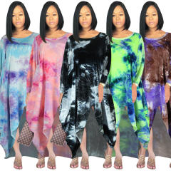Pink Flannel Tie-dye Fashion Dresses Long Sleeve Irregular Dress PQSD027A