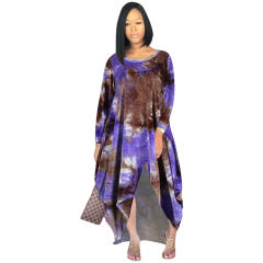 Pink Flannel Tie-dye Fashion Dresses Long Sleeve Irregular Dress PQSD027A