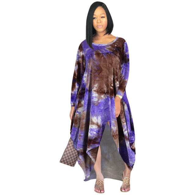 Pink Flannel Tie-dye Fashion Dresses Long Sleeve Irregular Dress PQSD027A