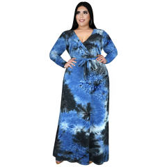 Tie-dyed V-neck Casual Boho Dress High Waist Maxi Dresses PQ3324