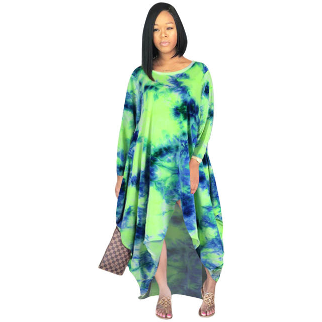 Pink Flannel Tie-dye Fashion Dresses Long Sleeve Irregular Dress PQSD027A