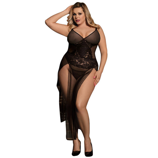 Plus Size Lingerie Female Lace Gown Sexy High Split Nightdress PQ80441