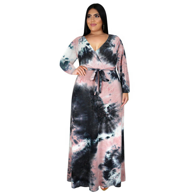 V-neck Tie-dyed Casual Boho Dress High Waist Maxi Dresses PQ3323