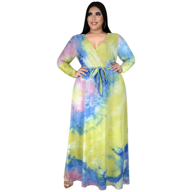 Tie-dyed V-neck Casual Boho Dress High Waist Maxi Dresses PQ3324