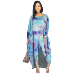 Pink Flannel Tie-dye Fashion Dresses Long Sleeve Irregular Dress PQSD027A