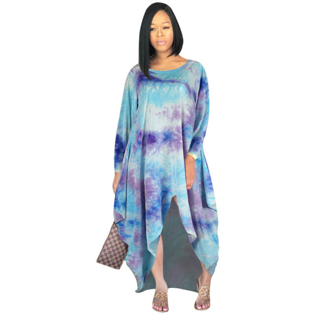 Pink Flannel Tie-dye Fashion Dresses Long Sleeve Irregular Dress PQSD027A