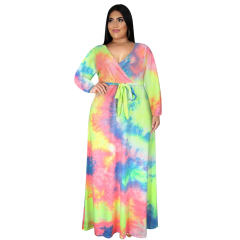 Tie-dyed V-neck Casual Boho Dress High Waist Maxi Dresses PQ3324